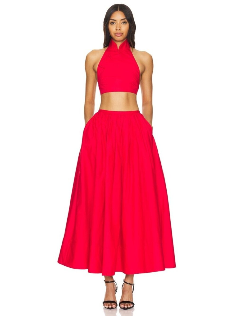 NWT Sau Lee Hilary Set in Red 2-Piece Maxi Skirt Halter Crop Top Cotton US 4
